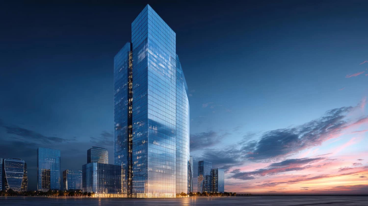 Modern glass skyscraper in a commercial business district representing corporate growth and investment opportunities