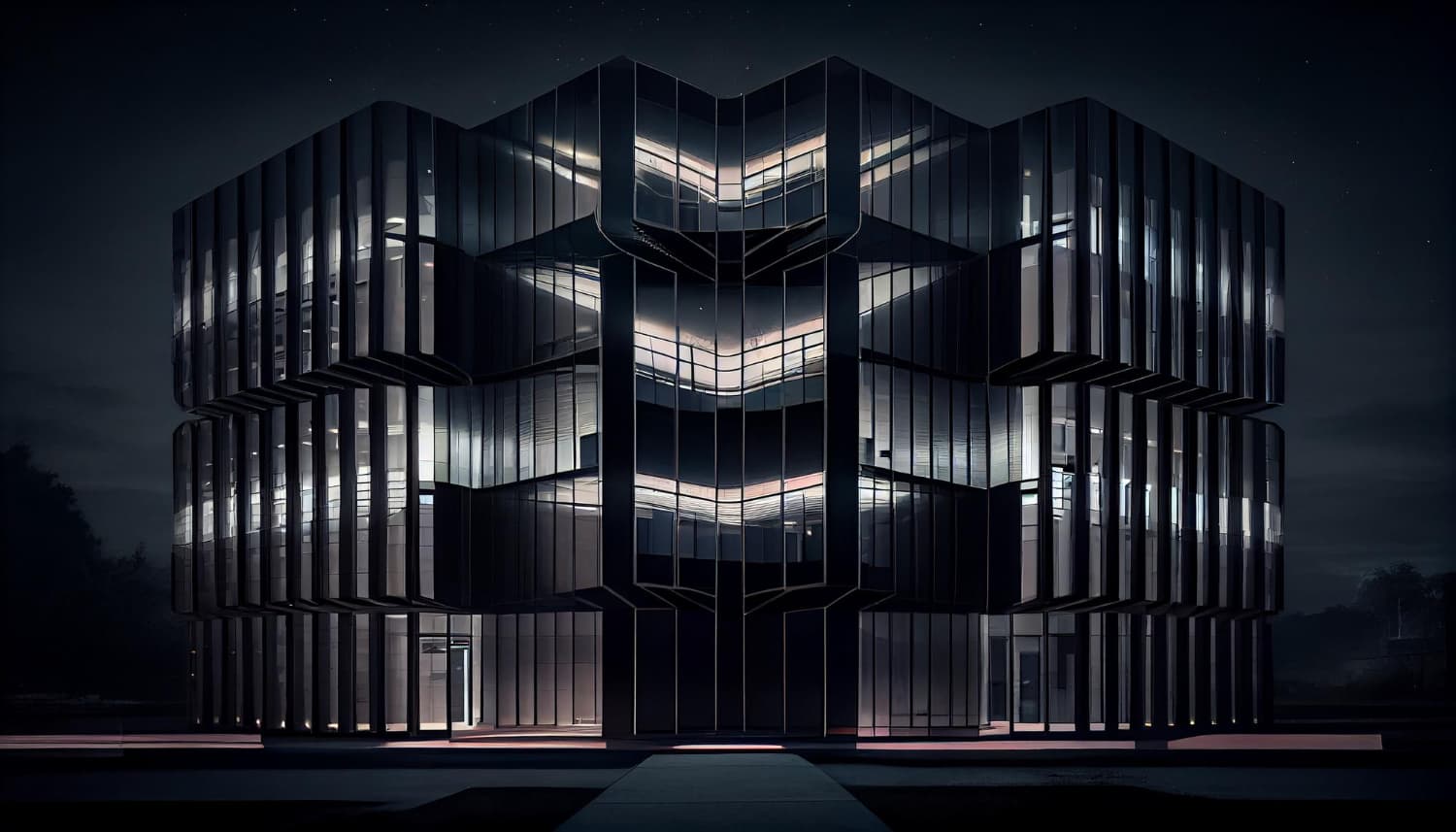 Contemporary glass office building at night, featured as a visual representation of MS Kapital’s business vision