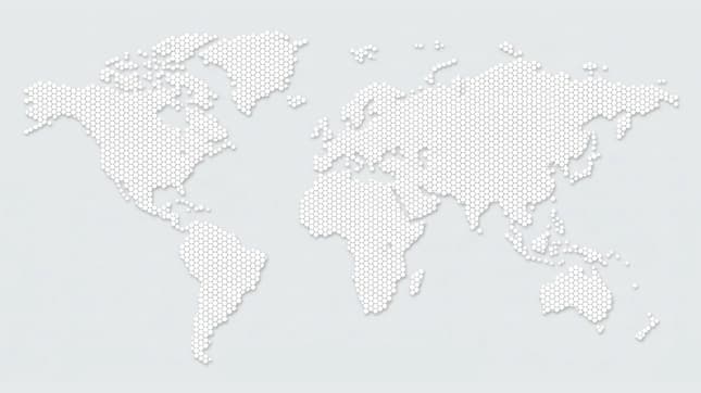Decorative world map with a hexagonal pattern on a light gray background.