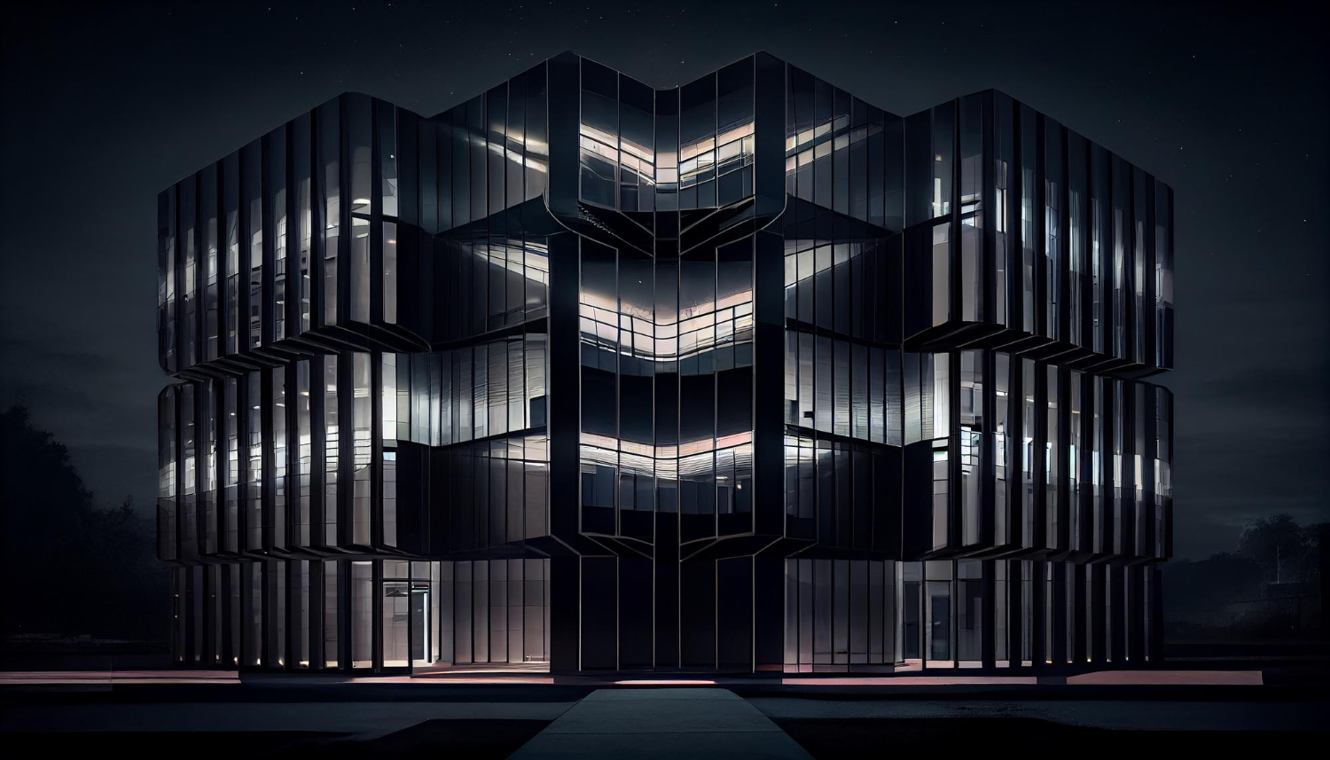 Contemporary glass office building at night, featured as a visual representation of MS Kapital’s business vision